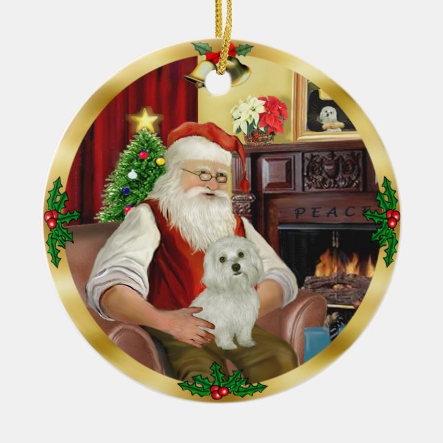 Santa's Maltese (#11) Ceramic Tree Decoration (Front)