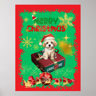 Santa's Maltisse sitting on a gift box. Poster