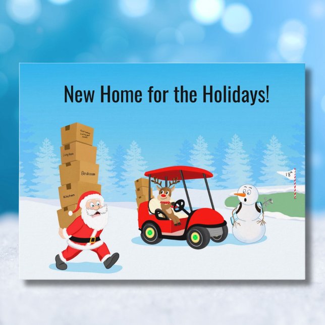 Santa's Moving Boxes with Reindeer on Golf Course Announcement Postcard (Creator Uploaded)