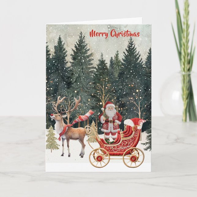 Santa's New Sleigh Faux Embroidery Merry Christmas Card (Front)