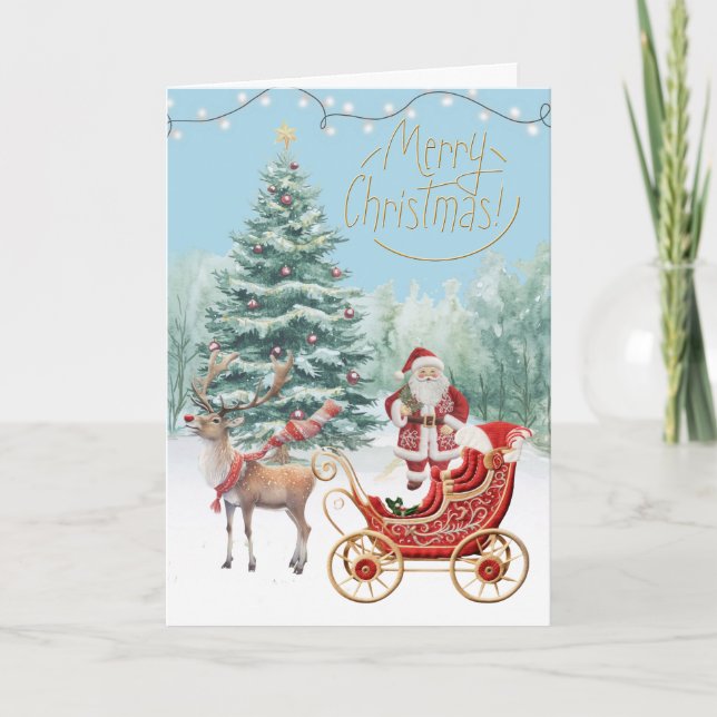 Santa's New Sleigh Faux Embroidery Merry Christmas Card (Front)