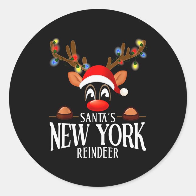 Santa's New York Reindeer Funny Xmas Matching Pjs  Classic Round Sticker (Front)
