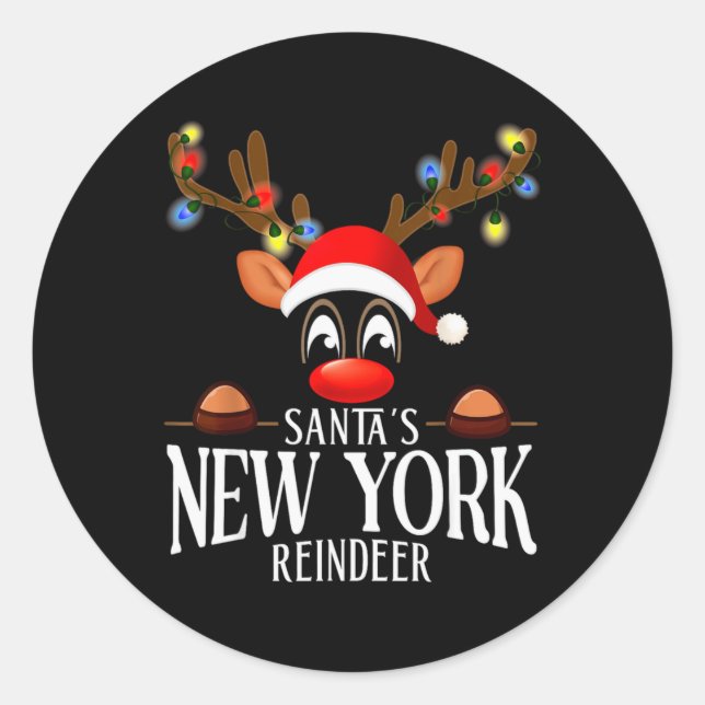 Santas New York Reindeer Funny Xmas Matching Pjs T Classic Round Sticker (Front)