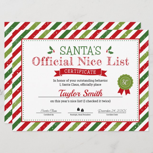 Santa's Nice List Certificate Invitation (Front/Back)