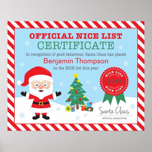 Santa's Nice List Certificate Personalised Poster (Front)