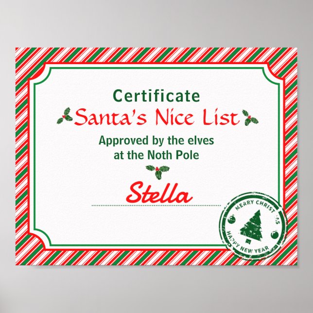 Santa's Nice List Certificate Red Green Candy Cane Poster (Front)
