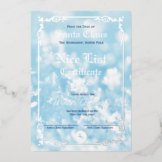 Santa's Nice List Foil Certificate  Foil Invitatio (Front)