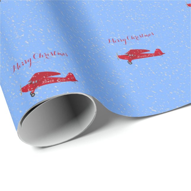 Santa's North Pole Red Aeroplane Snowing Christmas Wrapping Paper (Roll Corner)