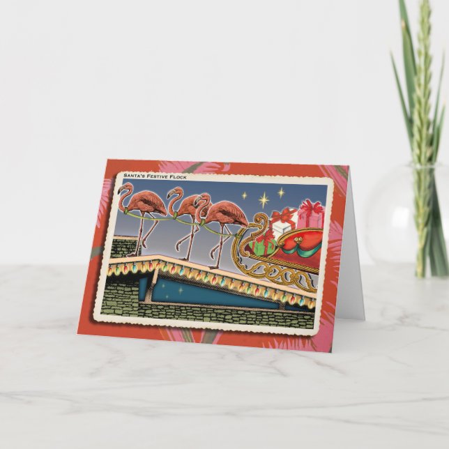 Santas Pink Flamingos Christmas Card (Front)