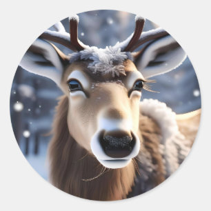 Santas Pretty Up Close Reindeer, Classic Round Sticker