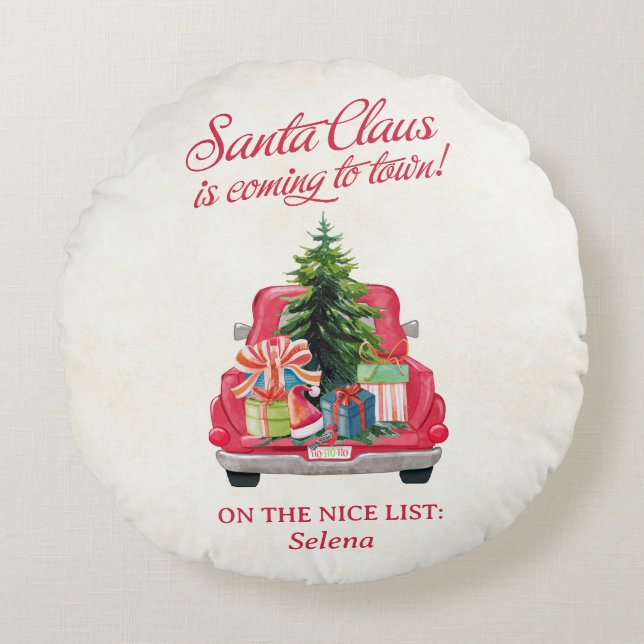 Santa's Red Truck Nice List Round Cushion (Front)