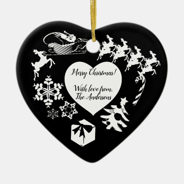 Santa's Reindeer Blk & White Heart Ornament (Front)