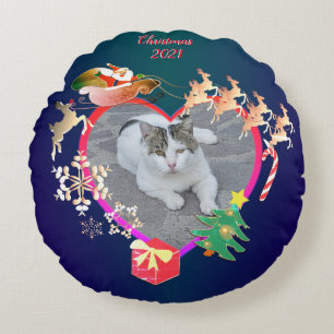 Santa's Reindeer Photo Heart Frame Round Pillow