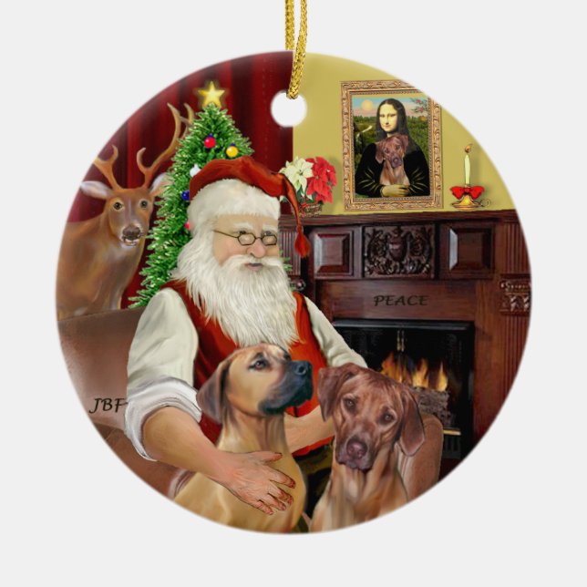 Santas Rhodesian Ridgebacks (TWO) Ceramic Tree Decoration (Front)