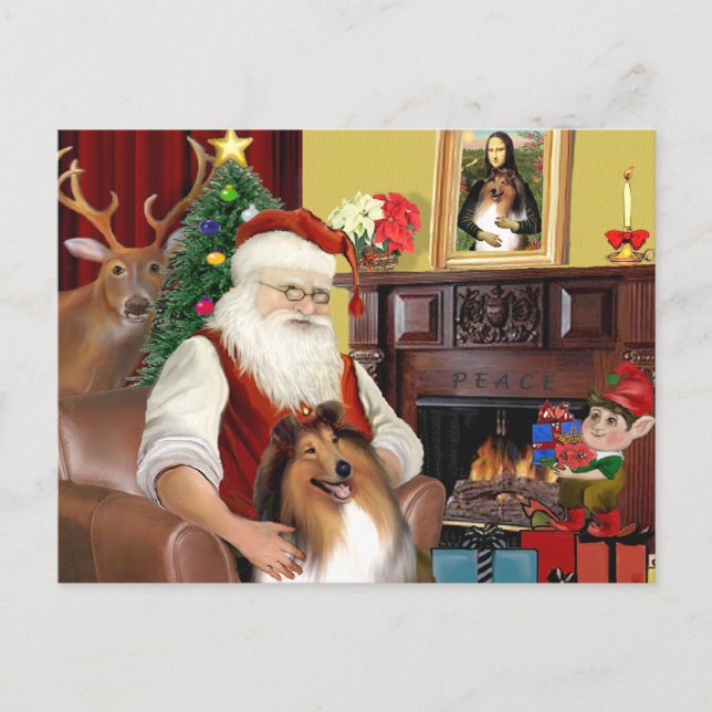Santa's Sable and White Collie Holiday Postcard (Front)
