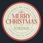 Santa's Seal of Approval" Personalized North Pole<br><div class="desc">Elevate your holiday packages with our "Santa's Seal of Approval" Personalized North Pole Shipping Sticker. This isn't just a sticker; it's a festive touch that brings the magic of Santa Claus to your gifts. The rounded stamp shape showcases the whimsical declaration, "Authorized By Santa Claus, Shipping From The North Pole....</div>