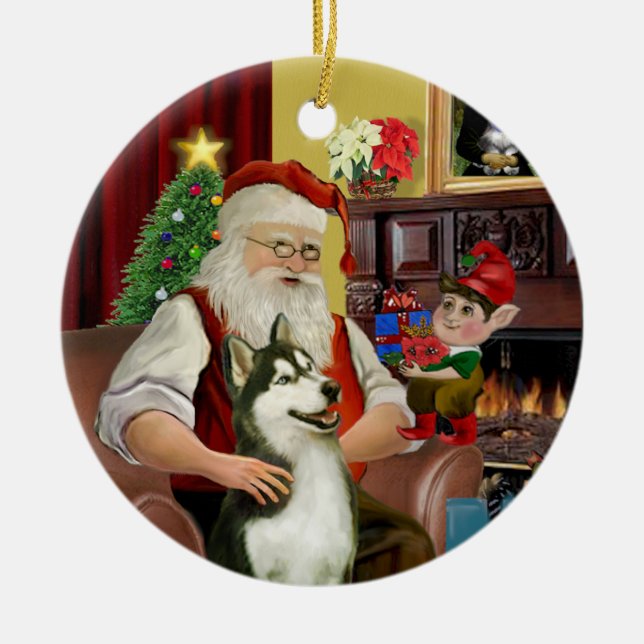 Santa's Siberian Husky #3 Ceramic Tree Decoration (Front)