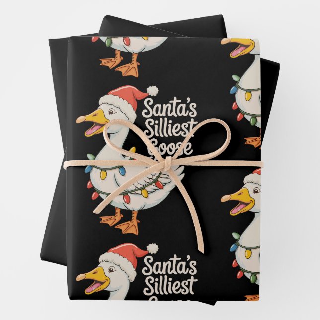 Santa's Silliest Goose Christmas Xmas Lights Wrapping Paper Sheet (In situ)