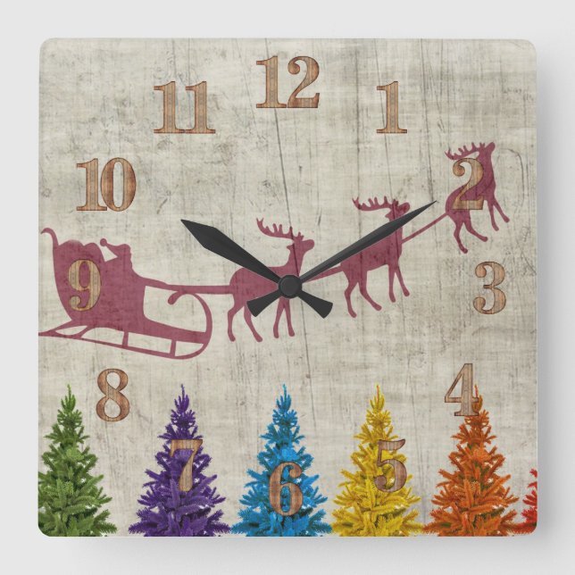 Santa's Sleigh and Colorful Trees Square Wall Clock (Front)