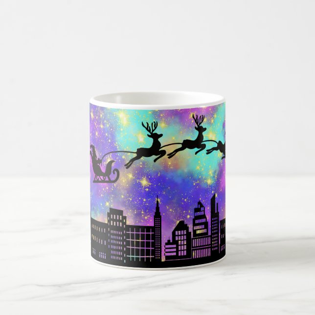 Santa's Sleigh and Reindeer Flying Over a City Coffee Mug (Center)