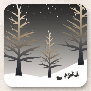 Santa's Sleigh and Tree Silhouette Elegant Coaster