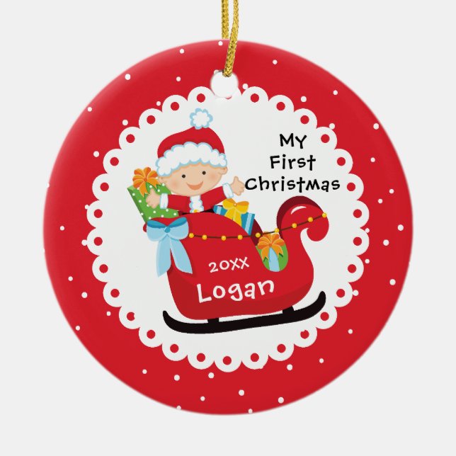 Santa's Sleigh Baby's First Christmas Ceramic Tree Decoration (Front)
