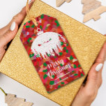 Santa's Sleigh Christmas Ornament Gift Tags<br><div class="desc">A white Christmas ornament with a silhouette of Santa and his sleigh,  evergreen trees,  the words Merry Christmas and your family name in chic lettering are featured on an abstract holiday-coloured pattern background on these favour or gift tags.</div>