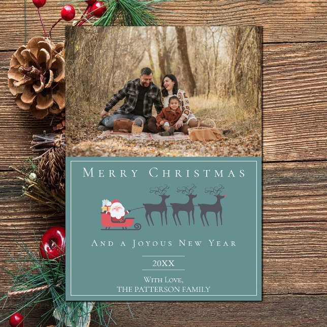 Santa's Sleigh Christmas Photo | Teal Holiday Card (Teal Santa's Sleigh Christmas Photo Holiday Card)