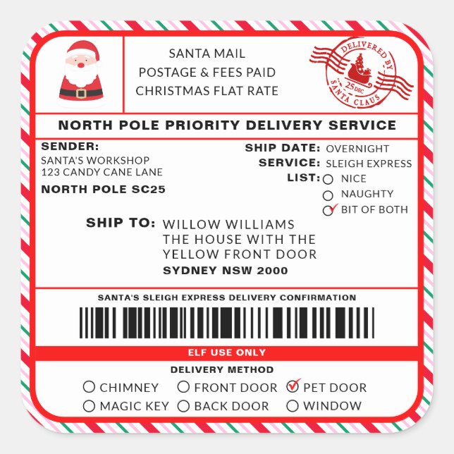 Santas Sleigh Christmas Shipping Label Sticker (Front)
