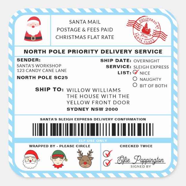 Santas Sleigh Christmas Shipping Label Sticker (Front)