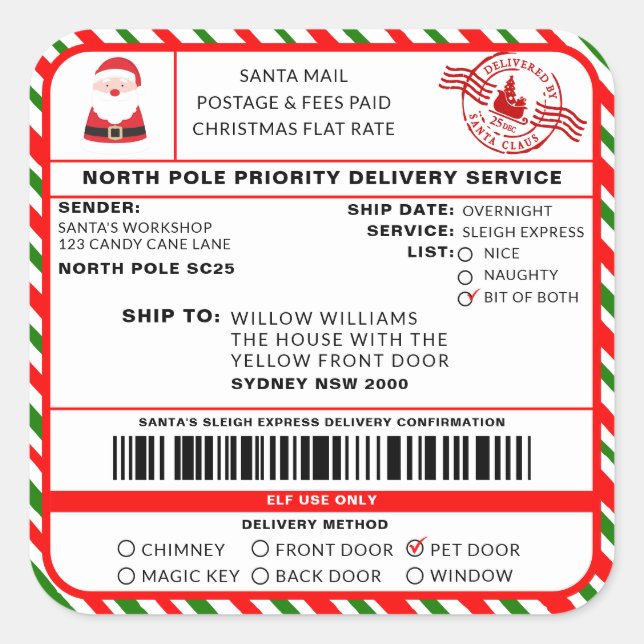 Santas Sleigh Christmas Shipping Label Sticker (Front)