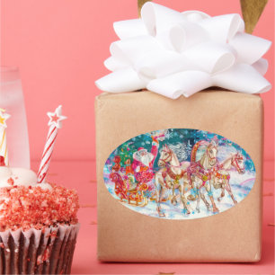 Santa's Sleigh Horse Snow Christmas Night Party Oval Sticker