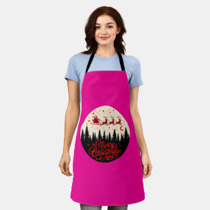Santa's Sleigh Merry Christmas Forest Scene Art Apron