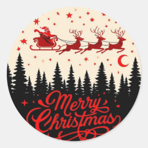 Santa's Sleigh Merry Christmas Forest Scene Art" Classic Round Sticker