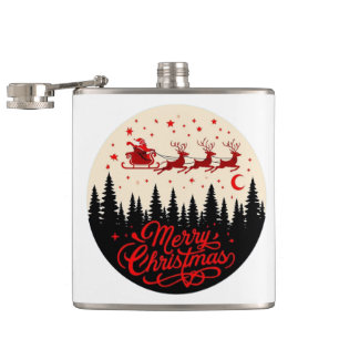Santa's Sleigh Merry Christmas Forest Scene Art Hip Flask