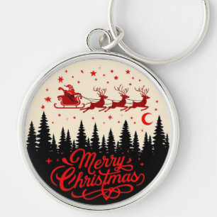 Santa's Sleigh Merry Christmas Forest Scene Art" Key Ring