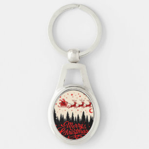 Santa's Sleigh Merry Christmas Forest Scene Art" Key Ring