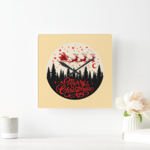 Santa's Sleigh Merry Christmas Forest Scene Art Square Wall Clock