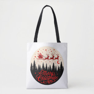 Santa's Sleigh Merry Christmas Forest Scene Art" Tote Bag