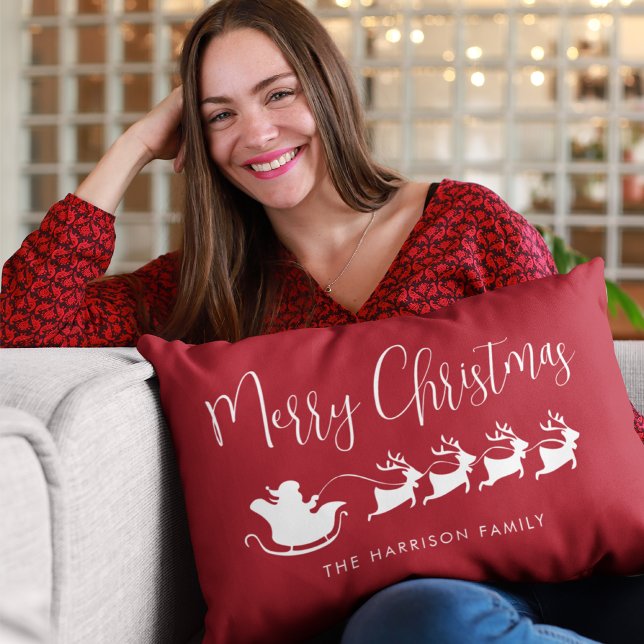 Santas Sleigh Merry Christmas Red Lumbar Cushion (Creator Uploaded)