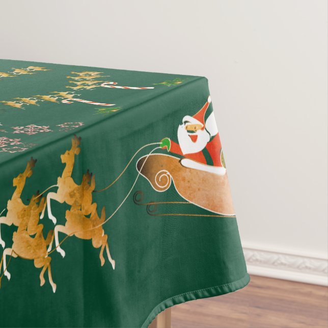 Santa's Sleigh Reindeer Christmas Trendy Green Tablecloth (In Situ)