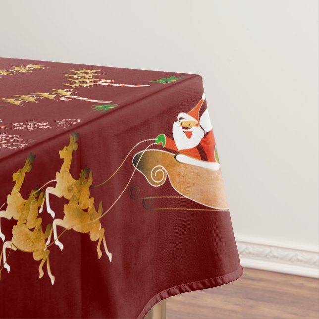 Santa's Sleigh Reindeer Christmas Trendy Red Tablecloth (In Situ)