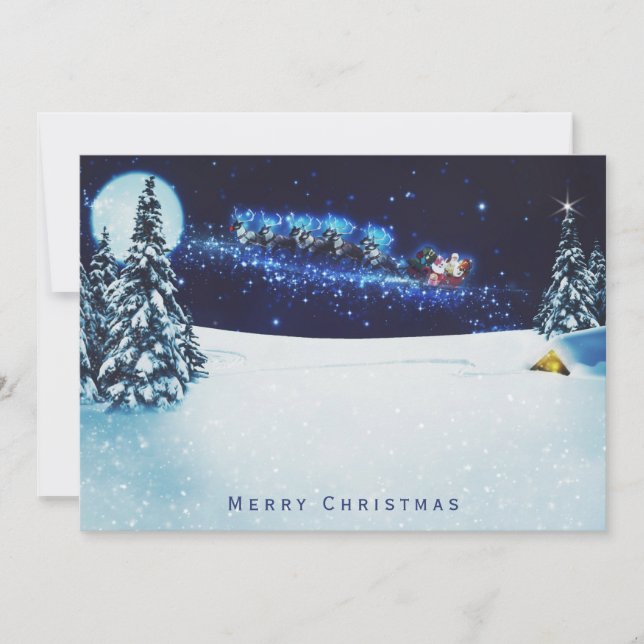 Santa's Sleigh & Reindeer in Night Sky Christmas Holiday Card (Front)