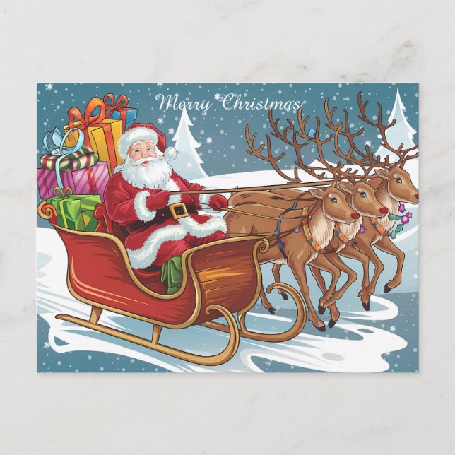 Santa's Sleigh Ride Christmas Gifts and Reindeer Holiday Postcard (Front)