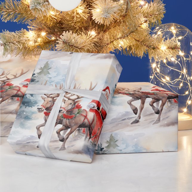 Santa's sleigh ride through snowy woods wrapping paper (Holidays)