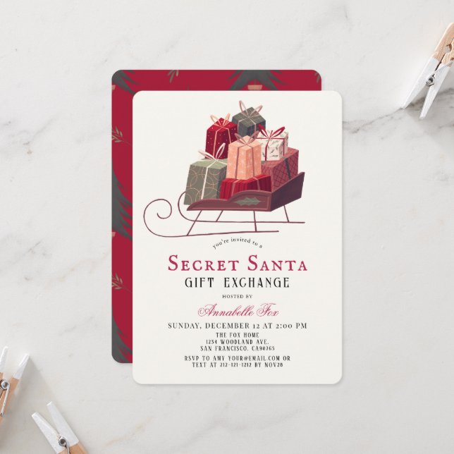 Santa's Sleigh Secret Santa Gift Exchange Holiday Invitation (Front/Back In Situ)