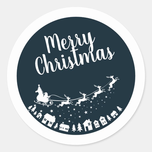 Santa's sleigh silhouette flying above the houses classic round sticker (Front)