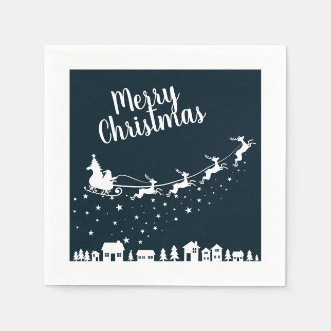 Santa's sleigh silhouette flying above the houses napkin (Front)