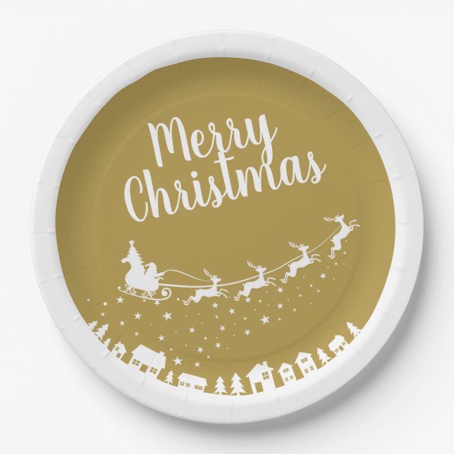 Santa's sleigh silhouette flying above the houses paper plate (Front)