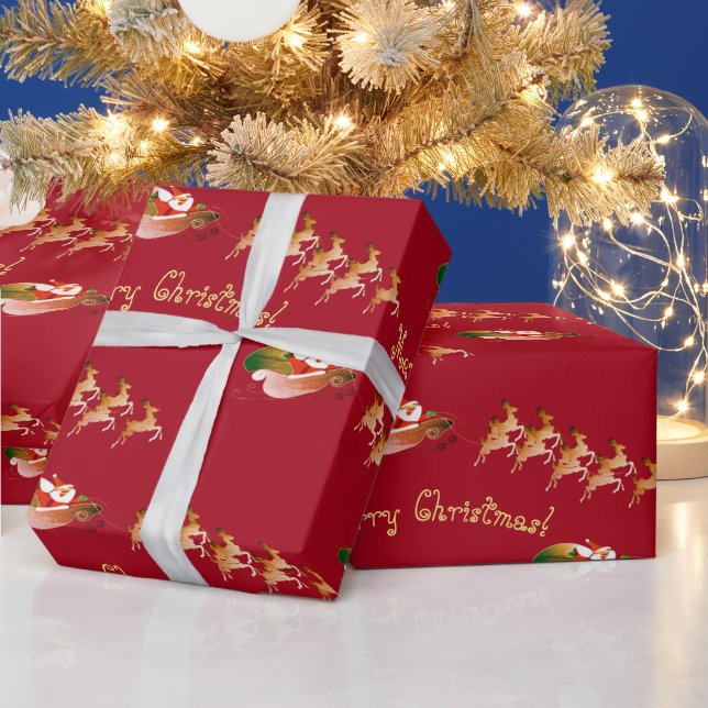 Santa's Sleigh Text on Red Wrapping Paper (Holidays)